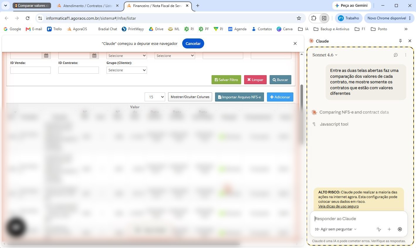 Um agente do Claude controlando o navegador para comparar valores (dados da tabela borrados)