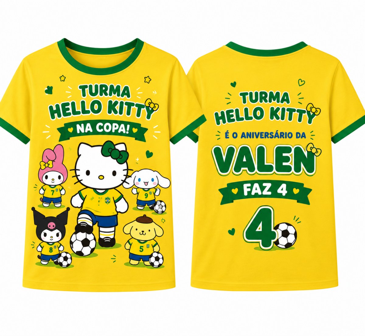 Arte de camiseta da Copa criada pela IA: frente com a Turma Hello Kitty jogando futebol e 'na Copa'; costas com 'é o aniversário da Valen, faz 4'