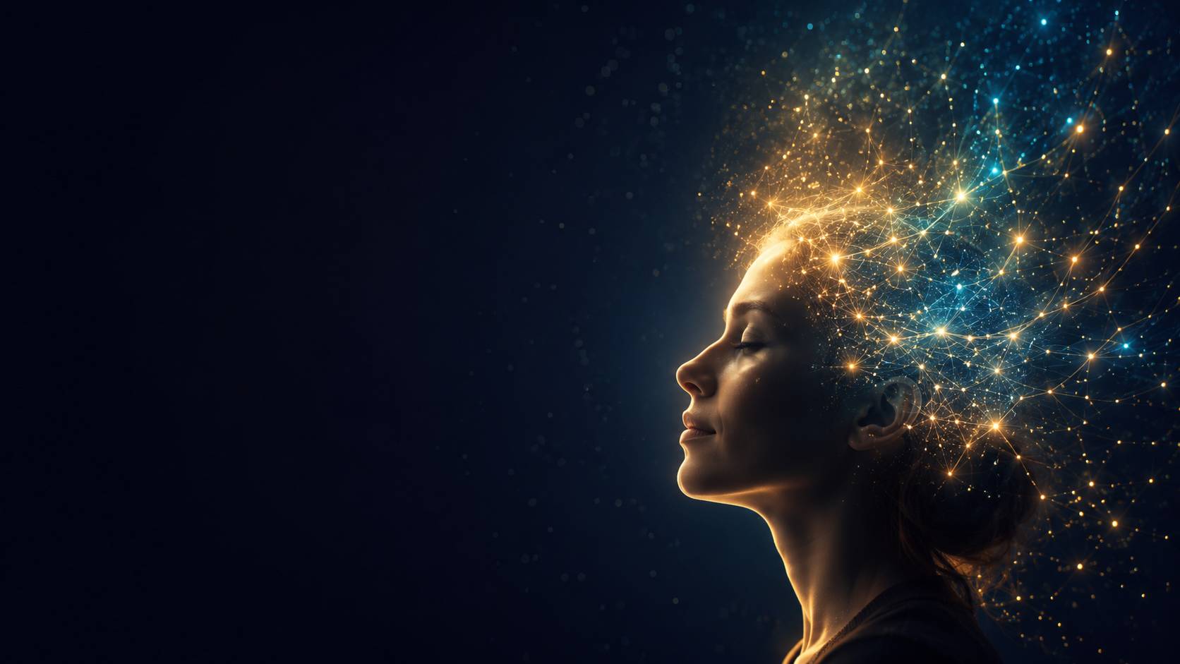 Perfil de uma pessoa com uma constelação de luz dourada e ciano brotando da mente, simbolizando a inteligência artificial ampliando a capacidade humana