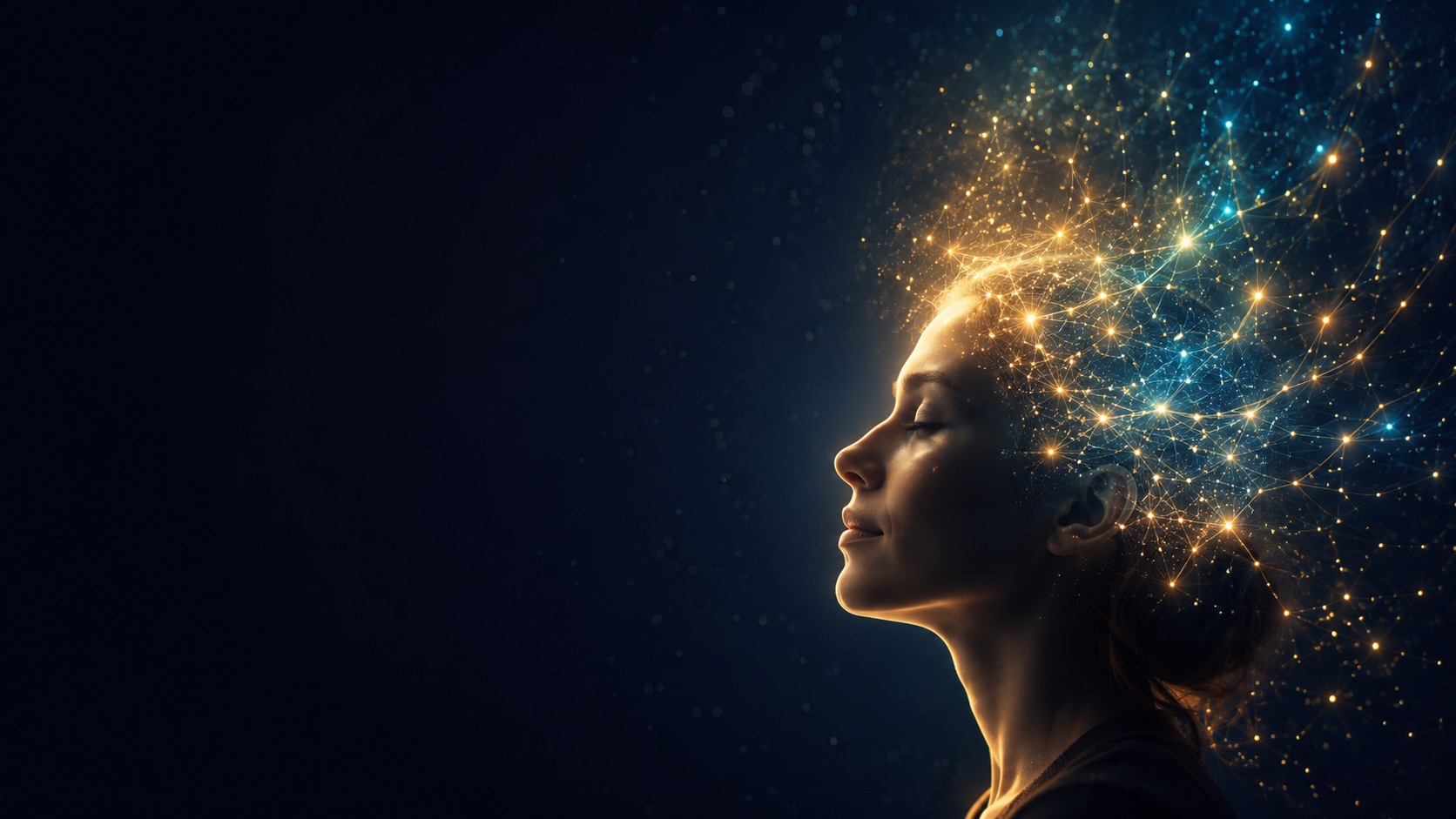 Perfil de uma pessoa com uma constelação de luz dourada e ciano brotando da mente, simbolizando a inteligência artificial ampliando a capacidade humana