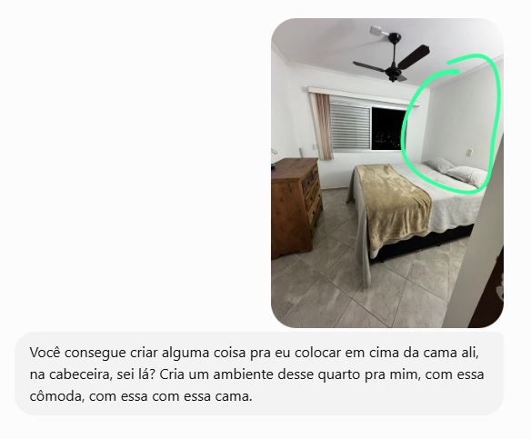 Mensagem do cliente com a foto do próprio quarto, pedindo em linguagem simples para criar um ambiente novo