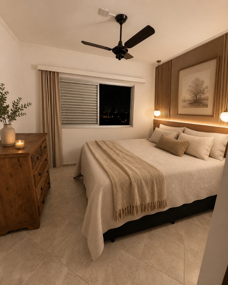 O mesmo quarto do cliente transformado pela IA: cabeceira nova, quadro, iluminação quente e roupa de cama clara, mantendo a cama e a cômoda originais