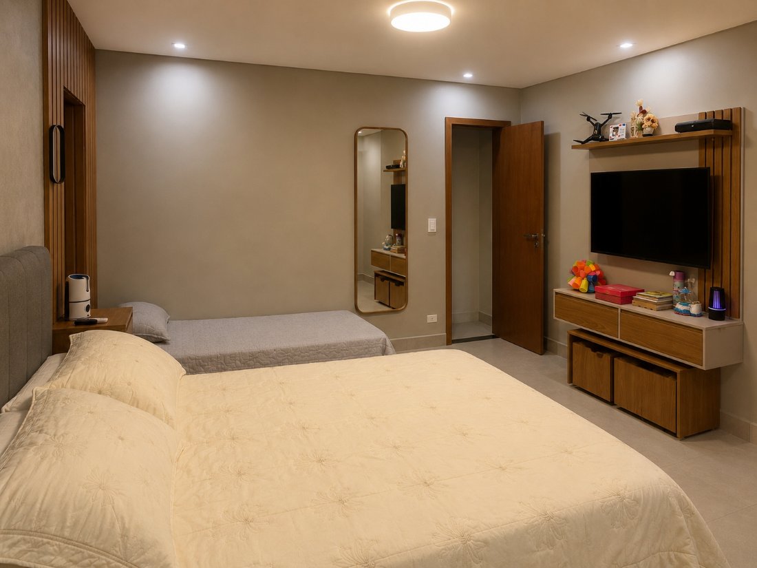 O quarto organizado e decorado pela IA, com cama arrumada, espelho e iluminação quente