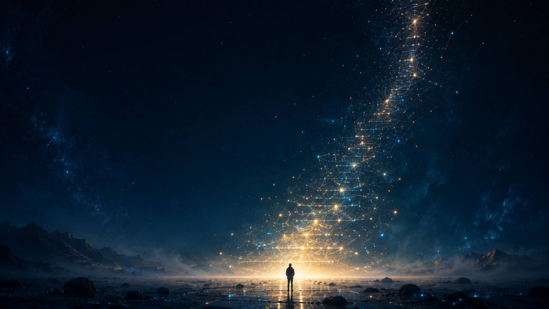 Figura diante de um horizonte de luz, simbolizando o futuro da IA