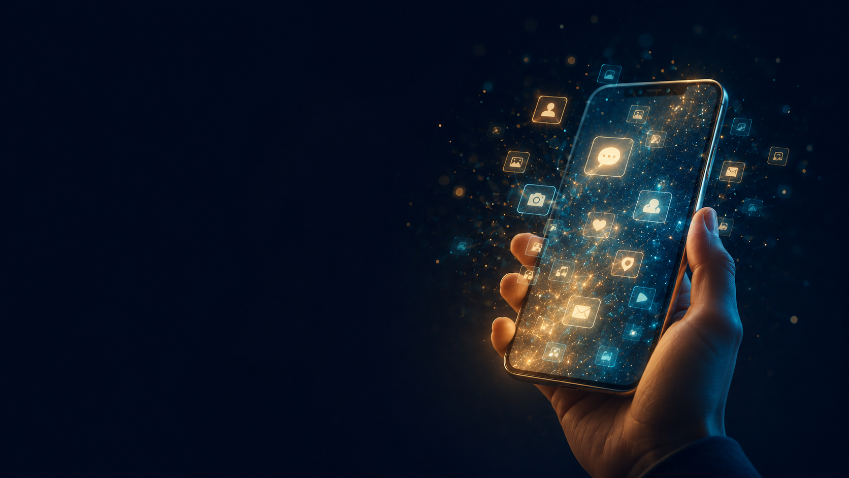 Mão segurando um celular com aplicativos brilhando