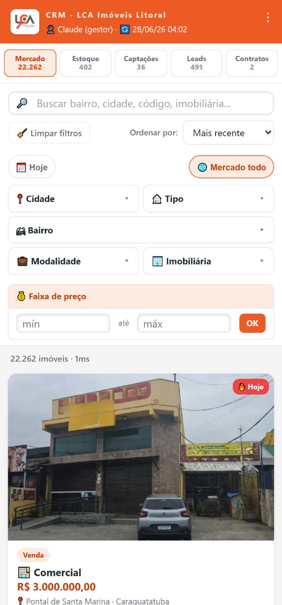 Tela do CRM da imobiliária LCA: busca de imóveis, leads e captações